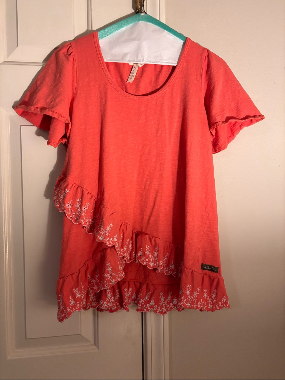 Matilda Jane Coral Ruffle Sleeve Tee with White Embroidery